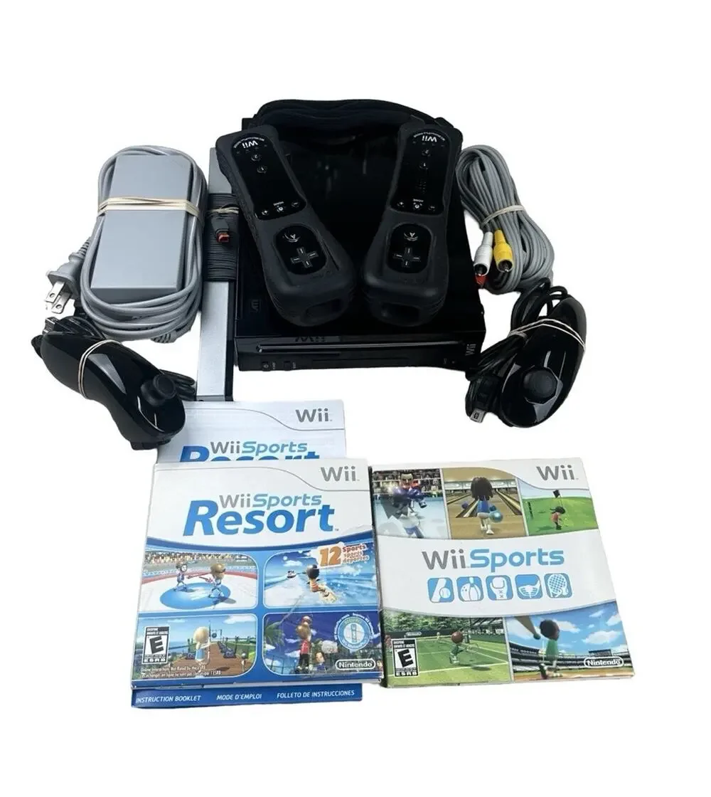 Black Wii Console Bundle Motion Plus Accessories Wii Sports + Resort Tested